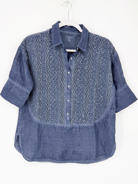 120% Lino Tops - 120% Lino Linen Lace Short Sleeve Blouse Sequin Detail Size XS